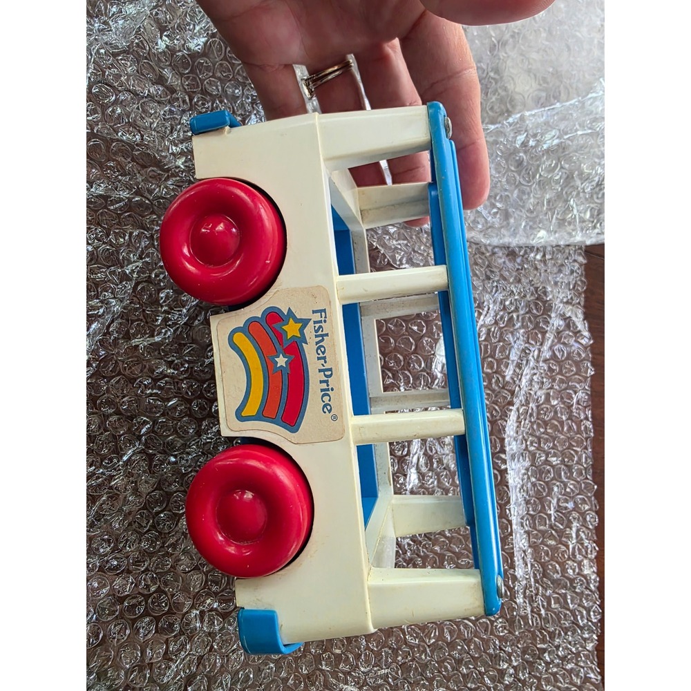 Vintage 1990 Fisher-Price Little People Bus White Blue Red FP-1 Toy Vehicle